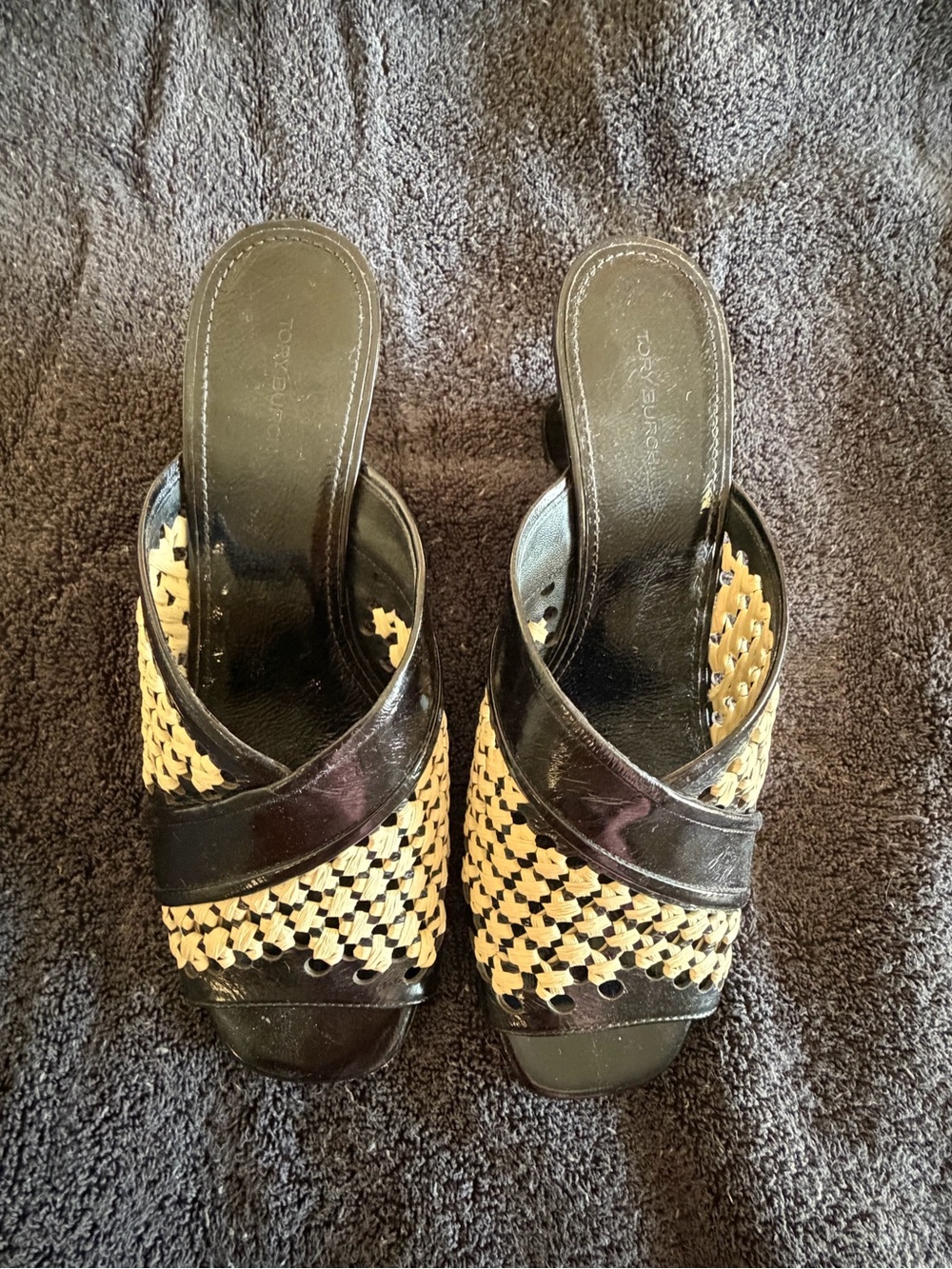 Tory Burch Black Leather and Natural Woven Slide Mules
